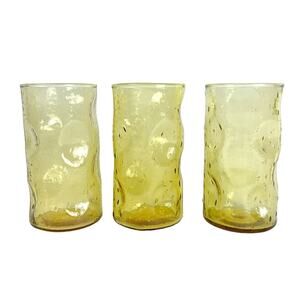 Amber Bubble Thumbprint Textured Vintage 1960's Glasses Set of 3-RARE!